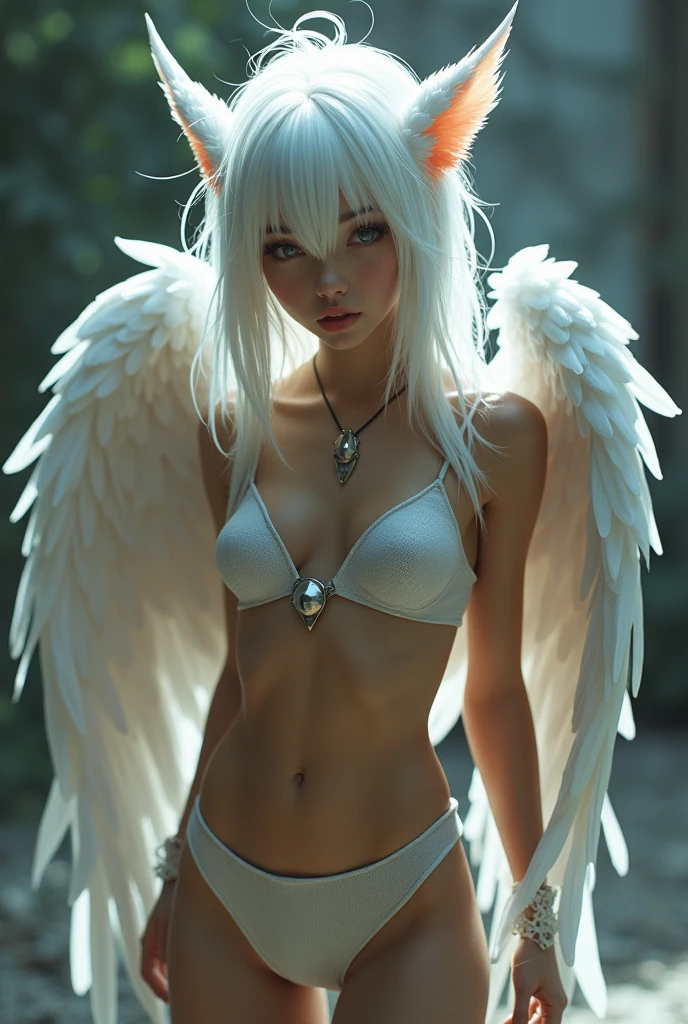 (ultra real), (figure), (High resolution), (8K), (very detailed), (Best figure), (detailed and beautiful eyes), (highest quality), (Super detailed), (masterpiece), (wallpaper), (detailed face), Generate a highly realistic image of a captivating female white hair harpie, NSFW, small breasts, prominent collarbones, skinny arms, flat stomach, visible hip bones, capturing every detail with stunning clarity, Her human torso should be slender and athletic, while the bird half possesses strong, feathered wings and sharp talons, The outfit should be suggestive and alluring and overly revealing, leans forward with a playful glint in her eye,This harpy possesses an ethereal beauty, with flawless features and captivating eyes that gleam with intelligence and a hint of predatory instinct, Her expression should be one of captivating confidence, with a hint of a playful smirk ,focus on creating a sense of alluring mystery, Let the pose and suggestive clothing hint at her sensuality being overly revealing, The harpy is aware of her strength and beauty, possessing a playful charm mixed with a hint of predatory instinct,