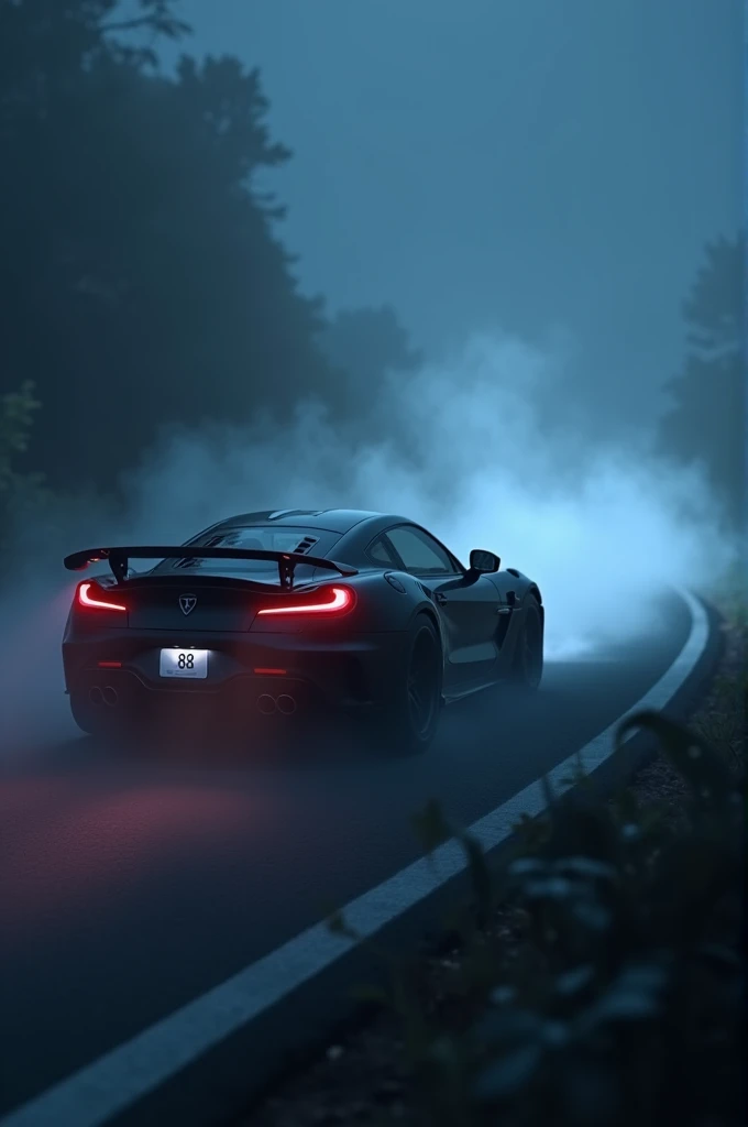 Black R15 v3 on road at night in fog number plate 88