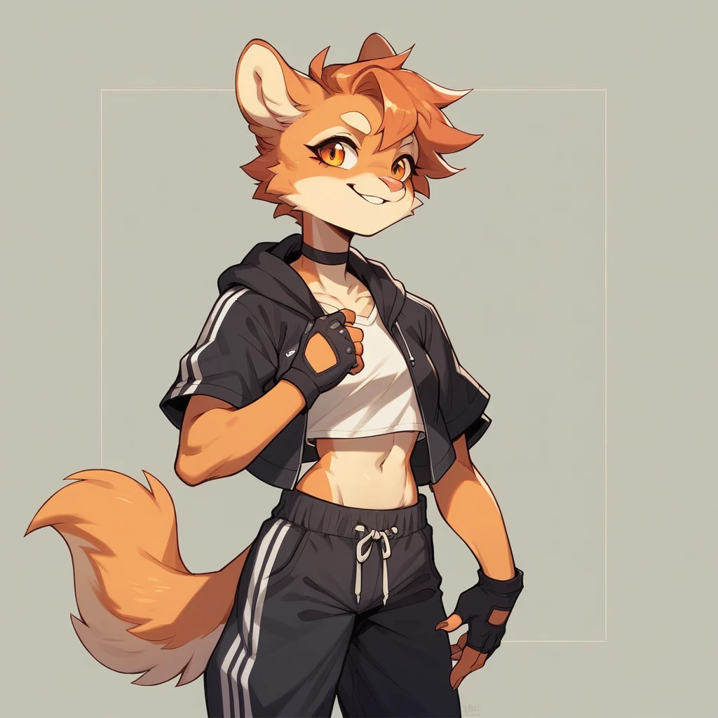 Female anthropomorphic character wearing a short white blouse with short sleeves, black choker, black open jacket with long sleeves, that appear to be bent up to the elbows, baggy pants (orange and black pants), drawstring at the waist, black bands on one arm and a fingerless glove on one hand, in a beautiful background
