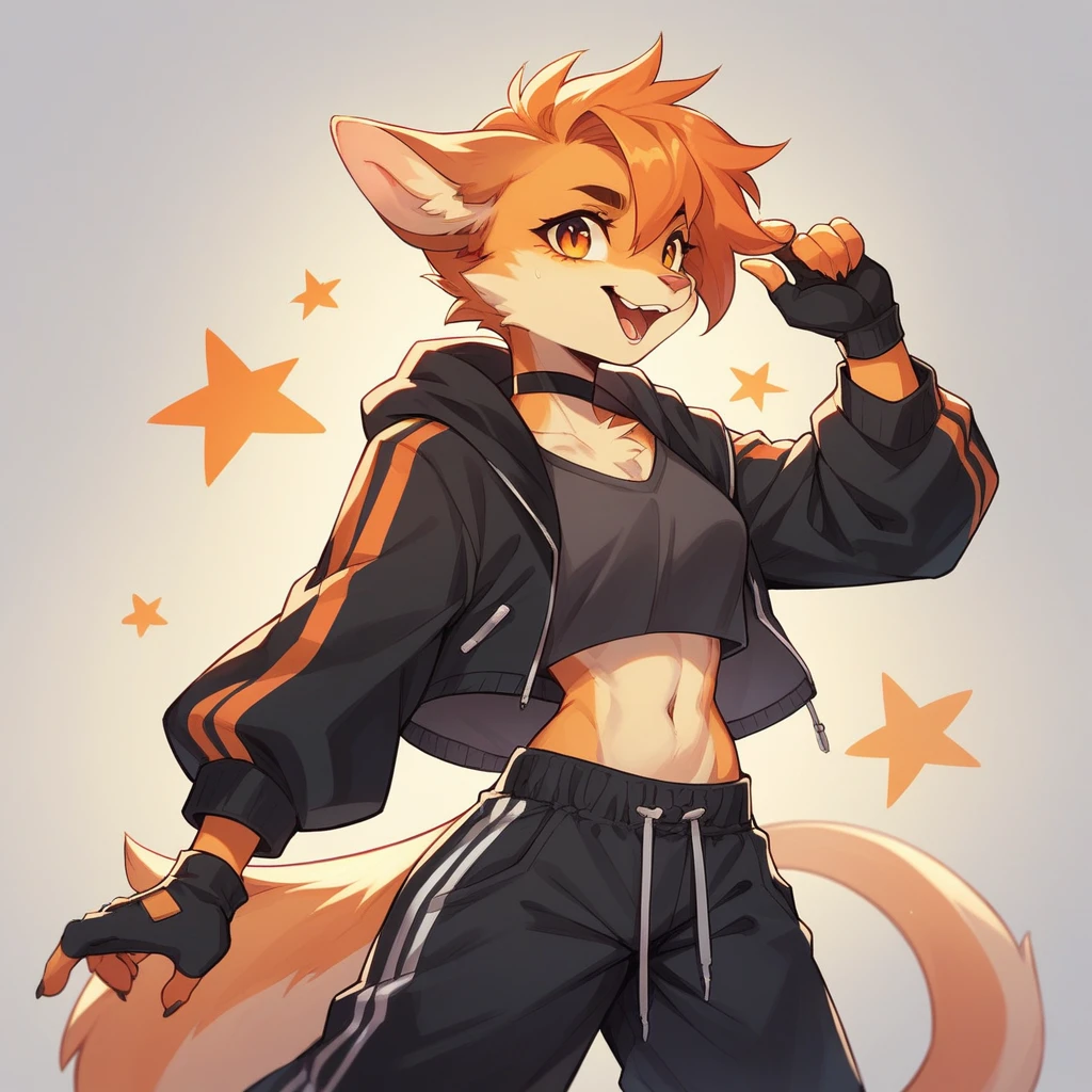 Female anthropomorphic character wearing a short white blouse with short sleeves, black choker, black open jacket with long sleeves, that appear to be bent up to the elbows, baggy pants (orange and black pants), drawstring at the waist, black bands on one arm and a fingerless glove on one hand, in a beautiful background