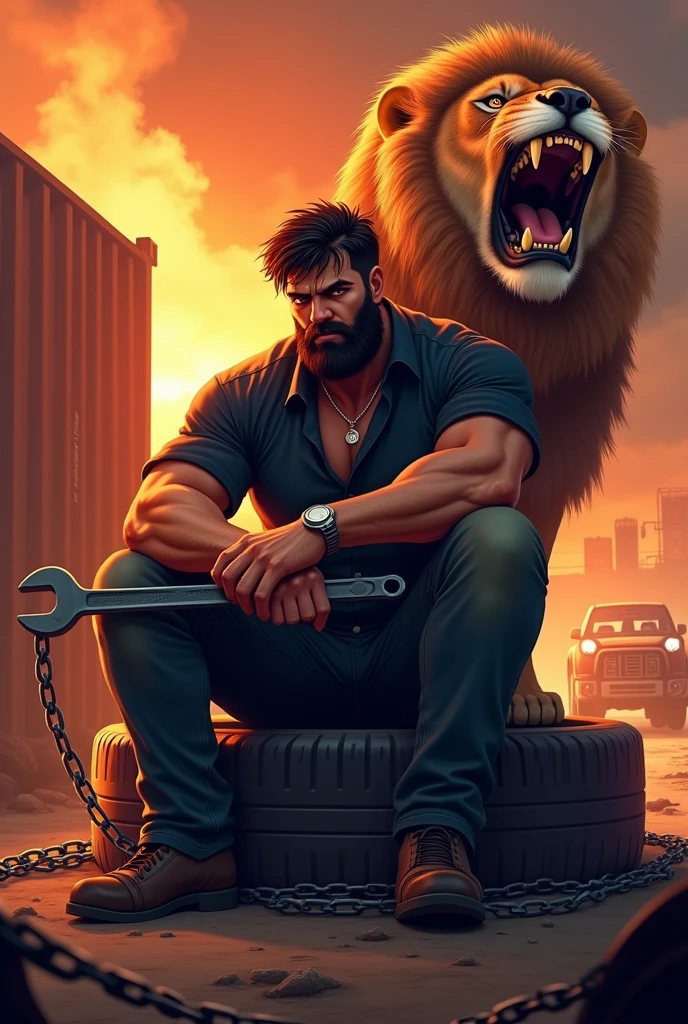 Create a anime style landscape image. Dramatic and intense digital artwork featuring a rugged man with a stern expression, sitting on a large tire with chains. He has a medium skin tone, a thick beard, and tousled dark hair. He is dressed in a dark shirt and jeans, holding a large wrench. Behind him, there is a roaring lion with a majestic mane, adding to the fierce atmosphere. The background is filled with an orange and red fiery glow, with industrial elements like containers and a car with headlights on. The overall composition is dynamic and powerful, emphasizing strength and determination.