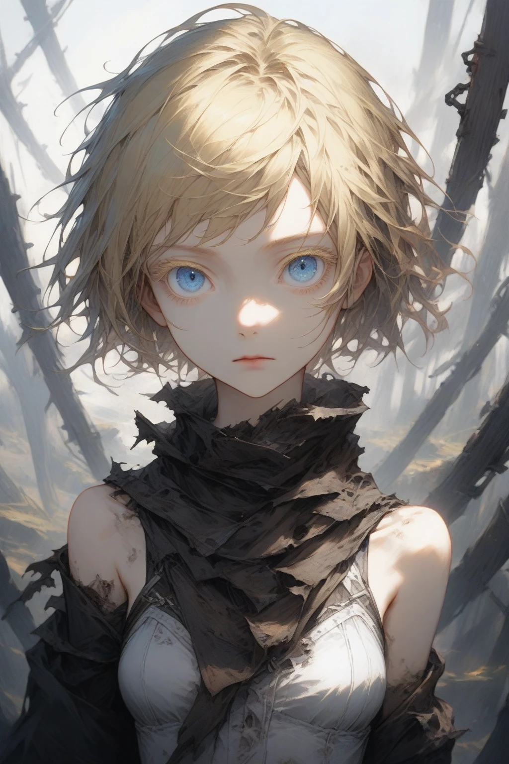 masterpiece, best quality, very aesthetic, absurdres,1girl,slave,rags,metal collar,hyper detailed eyes,blonde hair,short hair,[disheveled hair],colored eyelashes,blonde eyelashes,blue eyes,(sharp eyes),(slanted eyes),choppy bangs,medium breasts,[slender],clear face,expressionless,