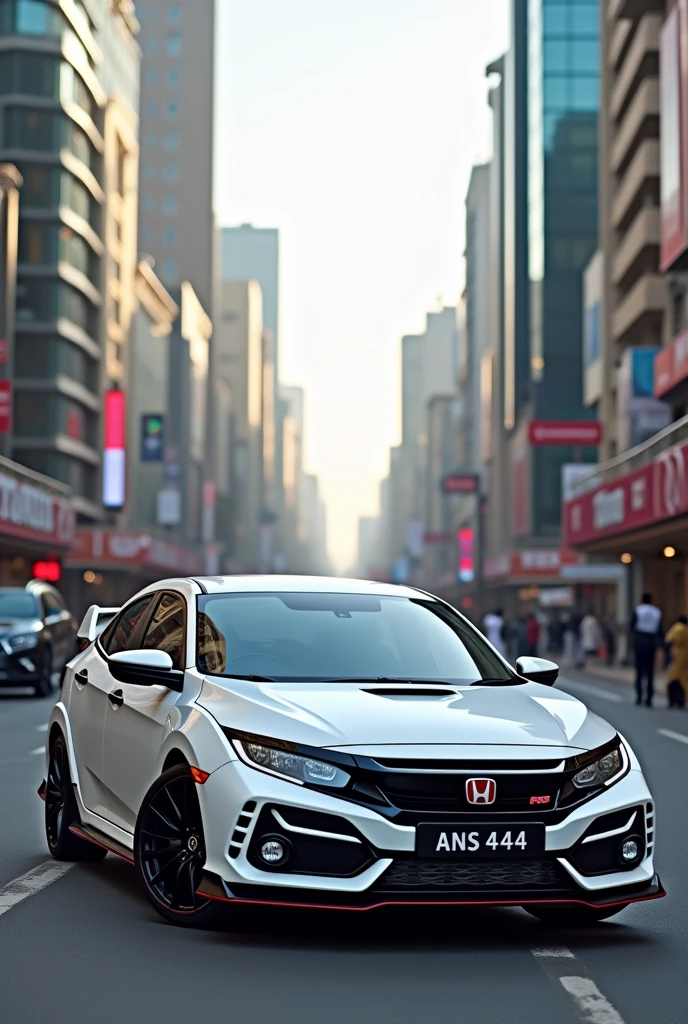A white honda civic rs number plate with the name of ans 444 at lahore