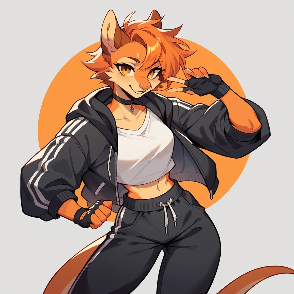 Female anthropomorphic character wearing a short white blouse with short sleeves, black choker, black open jacket with long sleeves, that appear to be bent up to the elbows, baggy pants (orange and black pants), drawstring at the waist, black bands on one arm and a fingerless glove on one hand, in a beautiful background