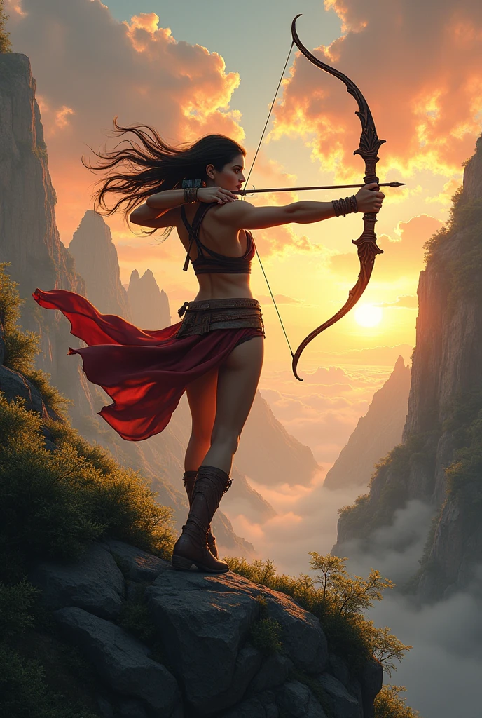 ((1 girl, dynamic archer posture, detailed bow and arrow stance:1.5)), intricate arch, dramatic movement, Attractive silhouette, Flying hair, intense focus, Muscular Physique, textura de pele realista, high qualiy, 8k, cinematic lighting, dramatic shadows, warm color tones, swirly vibrant colors, fantasy landscape background, lush vegetation, rocky cliff, dramatic sky, dynamic action, striking composition, work of art, photorrealistic, hyper detailled, topless