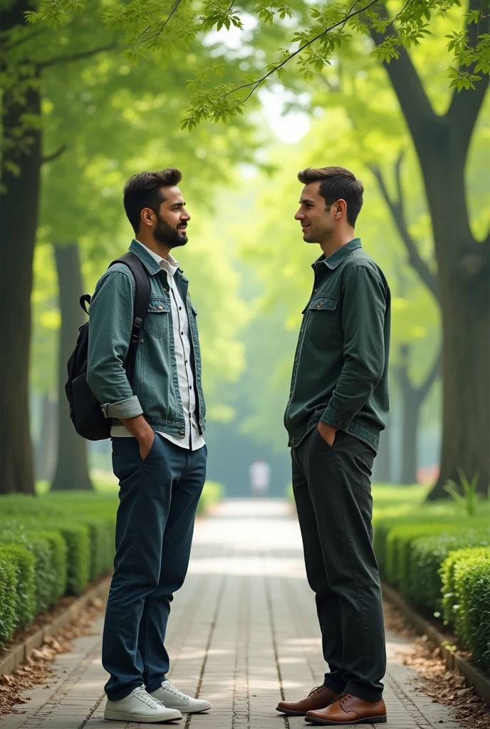 Two 1 men are standing and talking in a park. 
