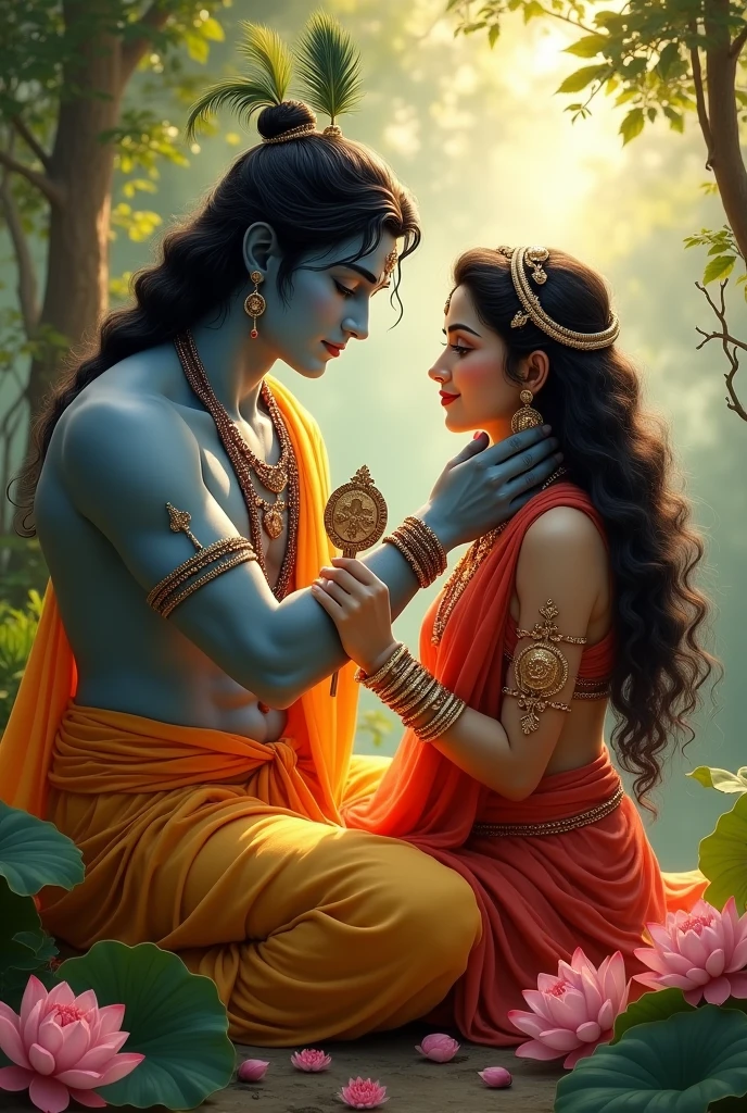 Shri krishna comb on shri radha's hair and shri radha seeing krishna face in a mirror which she holding in hand.