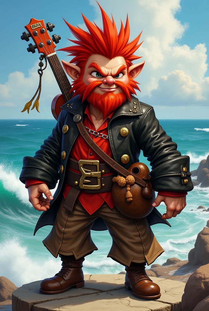 Red-haired spiky-haired pirate bard gnome, with red shirt, black leather jacket, Brown pants, with a ukulele on his back