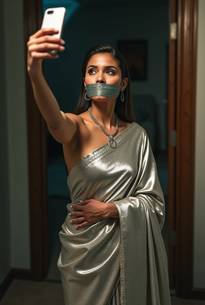 Duct tape gagged in silver shimmering saree taking selfie