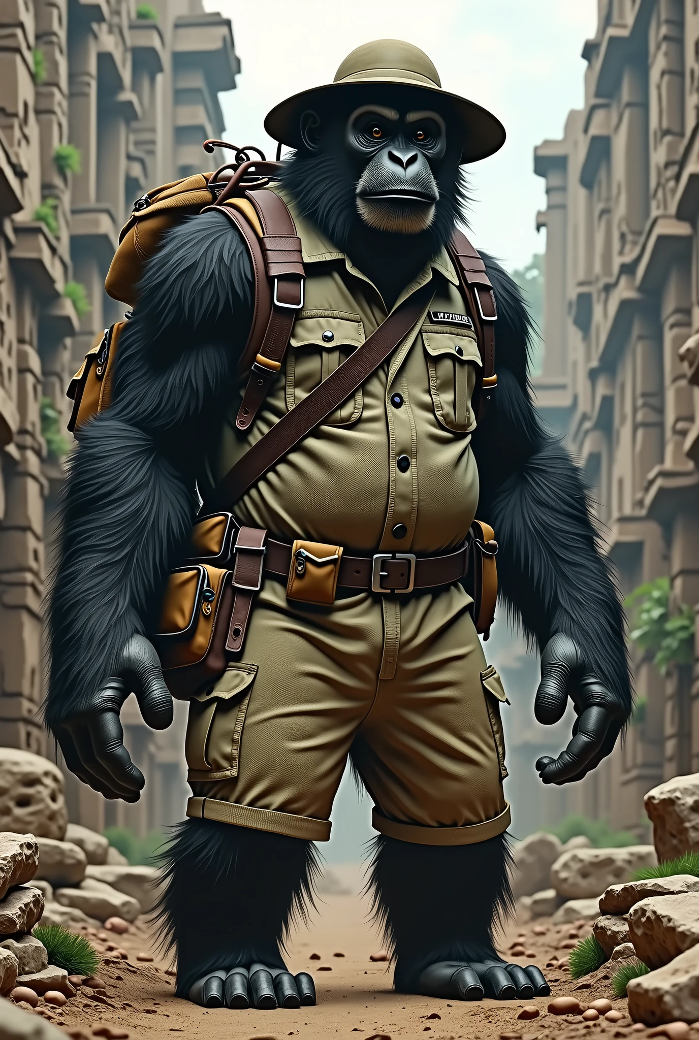 A large, giant black howler monkey wearing an archaeologist&#39;s clothes and an archaeological site behind him. realistic, real, high resolution detail, full photo like real
