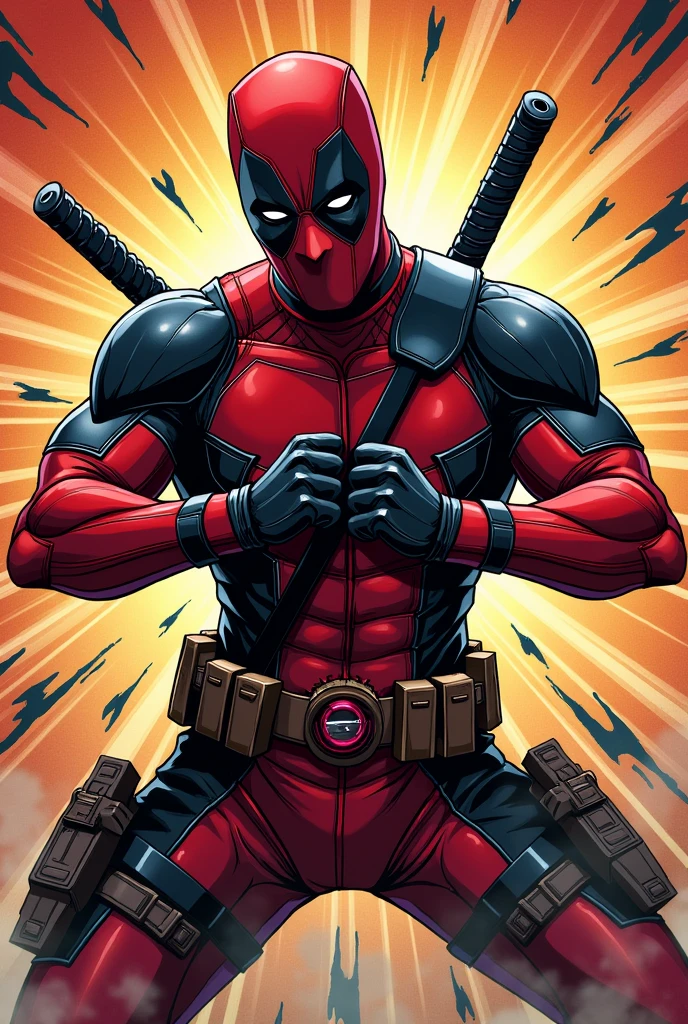 Deadpool fights against playstation logo. Comic art