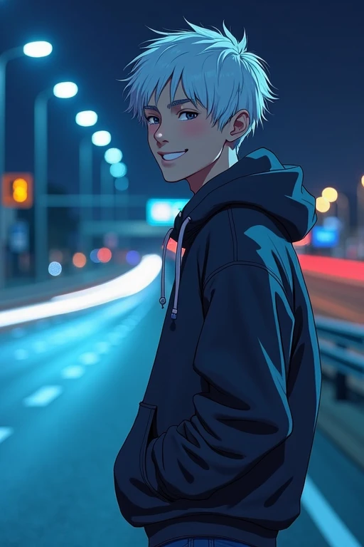 ((masterpiece)), (((best quality))), chromatic lighting,
colorized, white + blue limited color palette,
detailed concept drawing,
Along a highway, nighttime, street fashion, no weird object on his face,
portrait, 25yo 1guy, slender, cargo pants, short white hair, black eyes, smiling