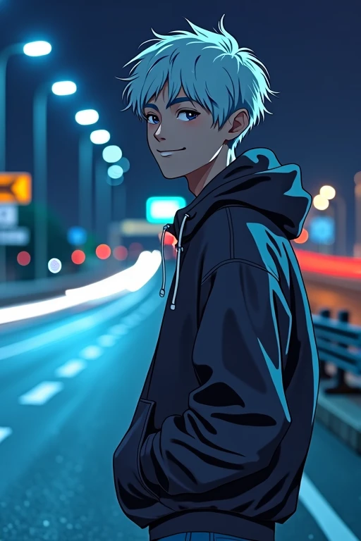 ((masterpiece)), (((best quality))), chromatic lighting,
colorized, white + blue limited color palette, 
detailed concept drawing,
Along a highway, nighttime, street fashion, no weird object on his face,
portrait, 25yo 1guy, slender, cargo pants, short white hair, black eyes, smiling