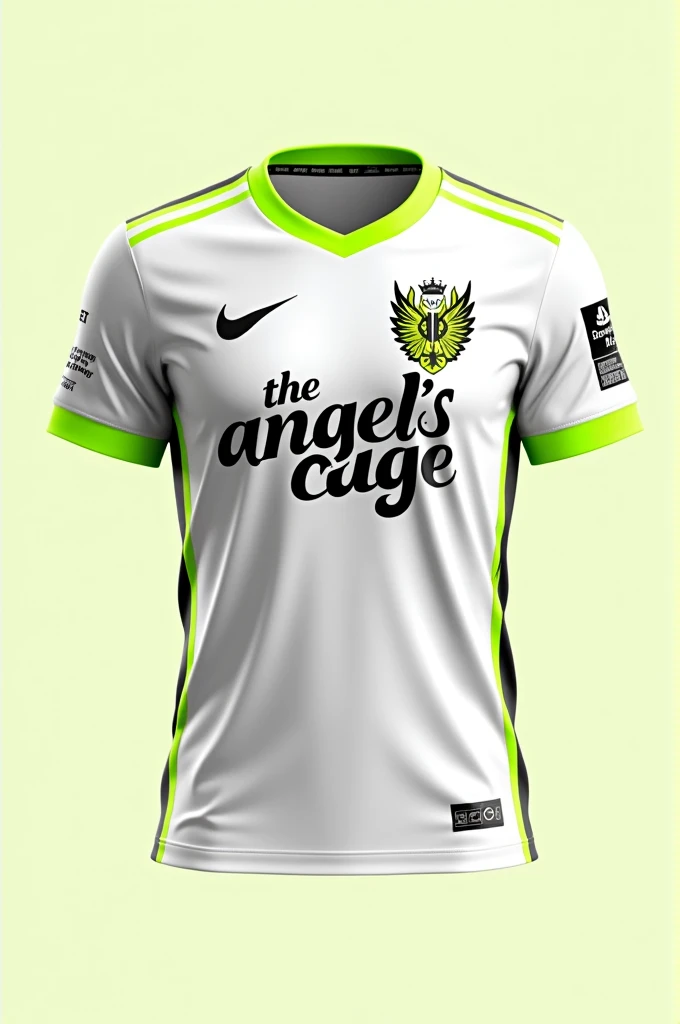 A football shirt with the following specifications:
_Forehead:_
- The white shirt is the main background.
- On the left chest, the logo is found "The Angel's Cage" in black.
- Logo measures approximately 10cm wide and 5cm high.
- The text "The Angel's Cage" will be in a modern and bold typography, with the winged angel and cage elements integrated into the design.
_back:_
- On the upper back, The number 94 is found in fluorescent green, with a height of approximately 20 cm.
- Below the number, the name is found "Sanchez" in the same font and color, with a height of approximately 10 cm.
_neck:_
- The polo collar is white, with a fluorescent green band around the neck.
- The band measures approximately 2 cm wide.
_sleeves:_
- The edges of the sleeves are fluorescent green, with a width of approximately 1 cm.
- The rest of the sleeve is white.
_sides:_
- On both sides of the shirt, There are fluorescent green lines running from the armpit to the waist..
- The lines are approximately 1 cm wide and are separated by a distance of 2 cm.