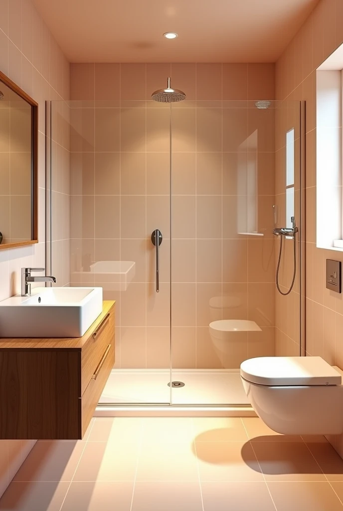The bathroom features a soothing light peach tile color that bathes the space in warmth. A modern glass-enclosed shower room offers a sleek look, while a stylish sink with a square mirror provides a contemporary focal point. A nearby wooden cabinet adds a touch of natural elegance and practical storage. In the corner, the toilet seat is discreetly positioned, completing the room's cohesive and refined design.