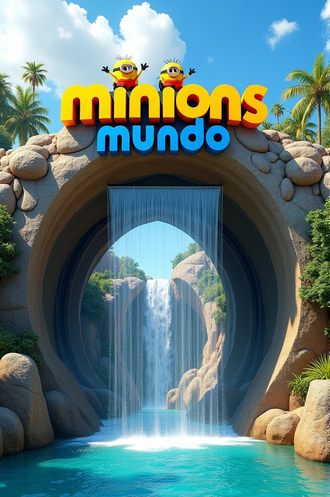 A sign that says “MINIONS WORLD” in Spanish and on a rock arch that styles water like a waterfall that is at the entrance of a park and is eye-catching for children.