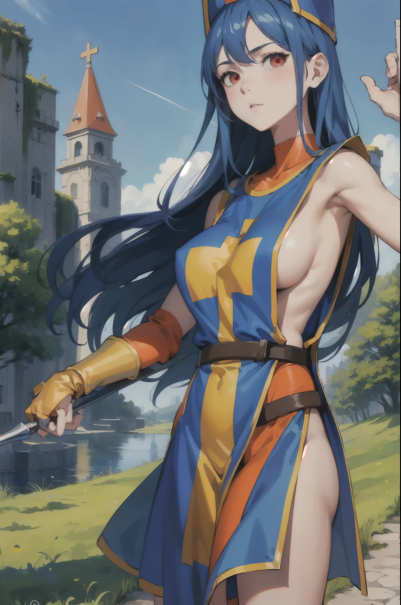 (masterpiece, Highest quality:1.1), priest \(dq3\), One person, alone, Long Hair, Blue Hair, Red eyes, Mitra, Tabard, Cross Print, Orange bodysuit, Elbow hand pockets, Large Breasts, Holding, staff, nature, blue sky 