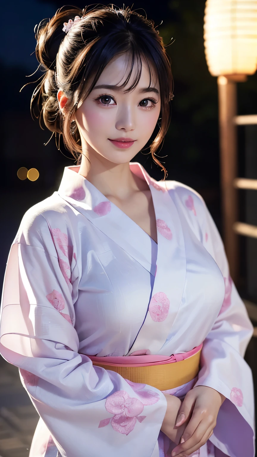 (logo、masterpiece、8k、Tabletop、RAW Photos、wonderful、最high quality、フォトリアリスティックでVery detailedな CG 複合 8k 壁紙、high quality、Very detailed、Narrative poem、Particle Effects、Dynamic Effects、Depth of the Boundary、Cinematic Light、Lens flare、Ray Tracing）、 (One beautiful woman wearing a yukata、White yukata、Light purple pattern)、Black-haired、High definition skin、Very fine、Fine skin texture、Beautiful Face、True Face、Beautiful details in the eyes、Realistic eyes、Beautifully detailed eyes、Realistic Skin、Beautiful Skin、Surreal、Smiling Eyes、Hair and light eyes、vivid、Colorful lights and bokeh、plump lower lip、Pink Lips、Hair flutters in Wind、Hair bounces、wonderful景色、night、evening、Wind、moonlight、moonlight、light
