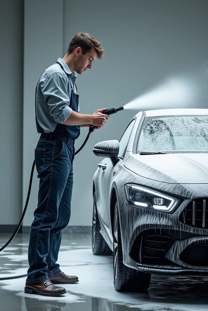 make it like a man washing car with car shampoo 
car most be almost covered with car soap and man using pressure washer 
make the man young and professional 
make the picture like it took from far a little 
