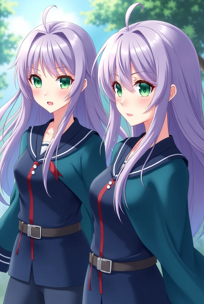 A 2 girl with light lavender hair, long, Aqua green eyes, In the style of the anime Kimetsu no Yaiba. In the uniform of the demon hunters, dark blue color. The cut of the uniform is the same as Uzui&#39;s.. A shoulder-length haori in dark aqua blue. Demon slayer style