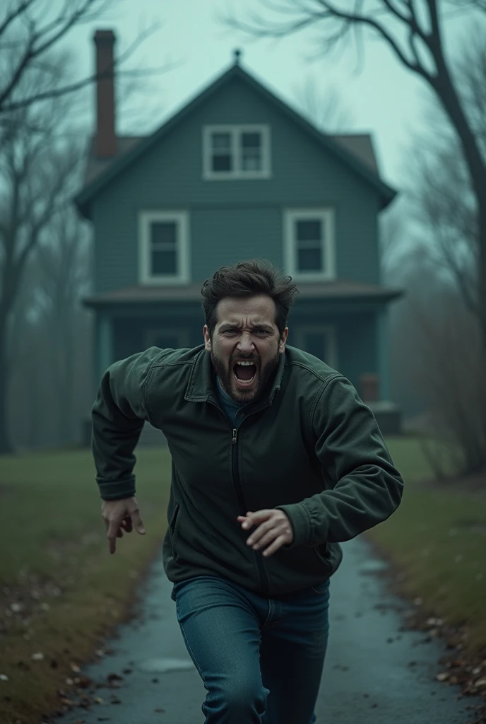 A man running away from a house scared, with a gloomy atmosphere