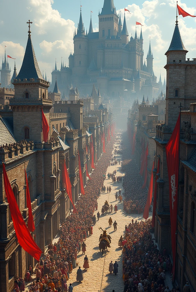 Create a huge medieval city seen from above celebrating a tournament with a castle as black as night in the background