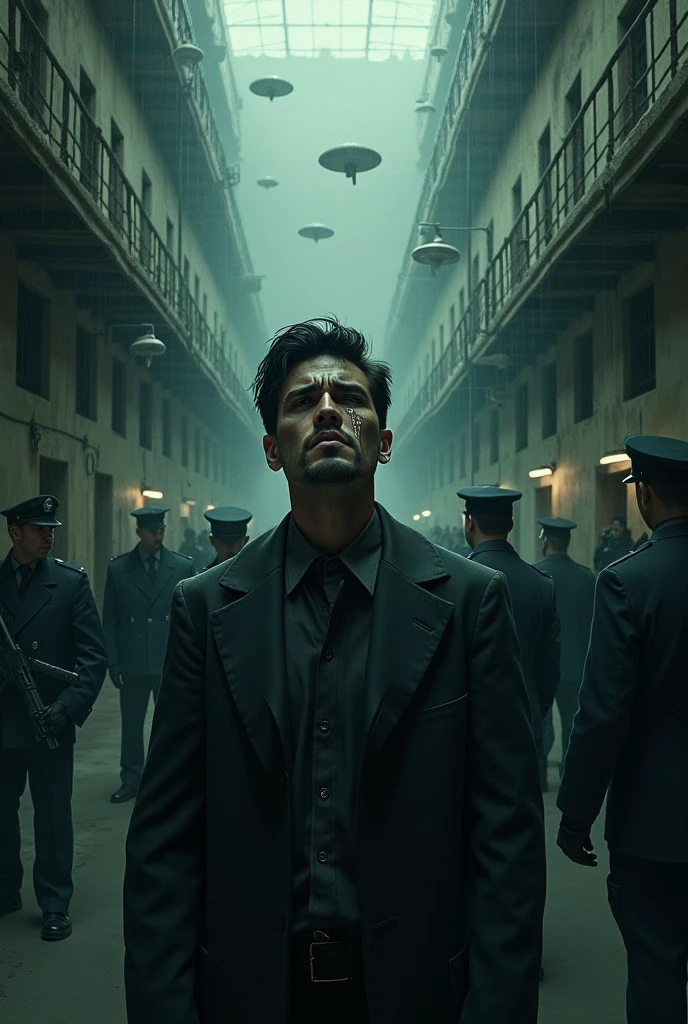 A prison with many guards , a man crying ,and many cameras