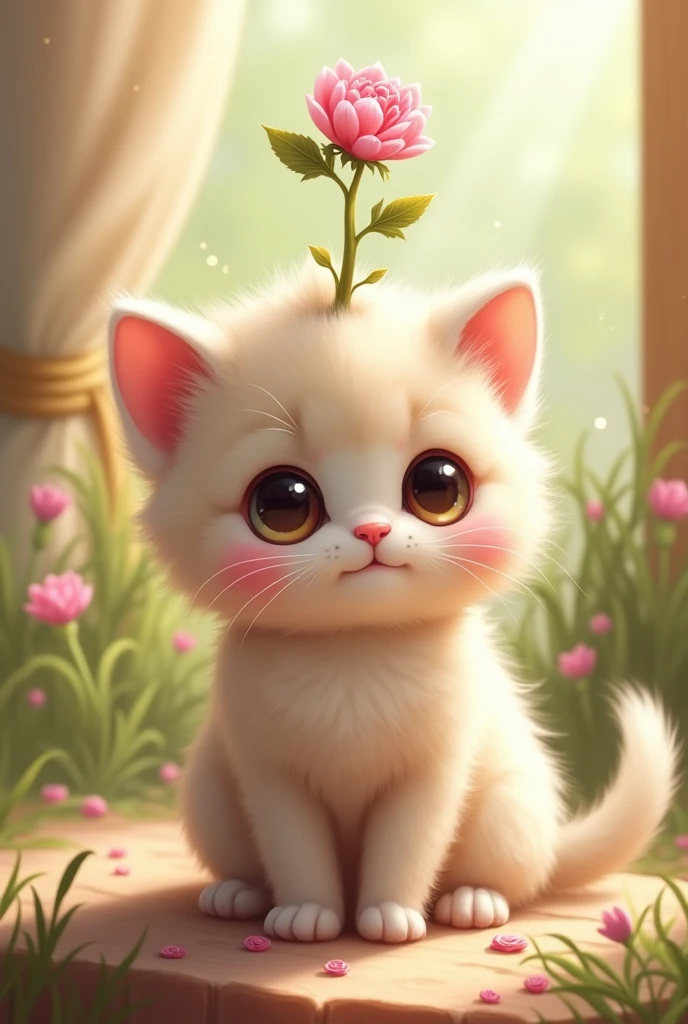 Kitten with a pink cheek sprout on its head