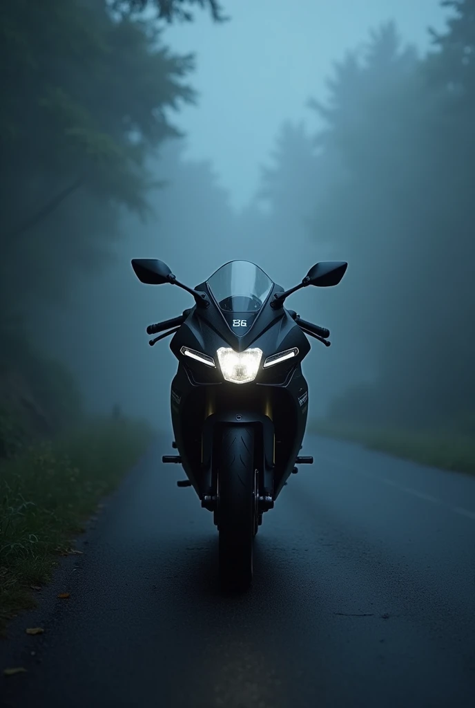 Black R15 on road at night in fog number plate 88