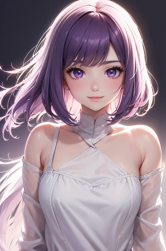 Best Quality,High resolution,8k,(plain white background, no patterns, no textures, just a plain white background:1.3),Masterpiece:1.2),beautiful girl,(focus face),Glossy, deep purple hair,(bob cut:1.2),Beautiful purple eyes,Cute black pajamas,Gentle look,A refreshing look,smile,Best quality,Best Quality,Aesthetic and aesthetic:1.2,Best details((Super detailed))(High-definition CG illustrations),Slender body,smile,blush,cute,Scrounge,Looking up,Being spoiled,super model