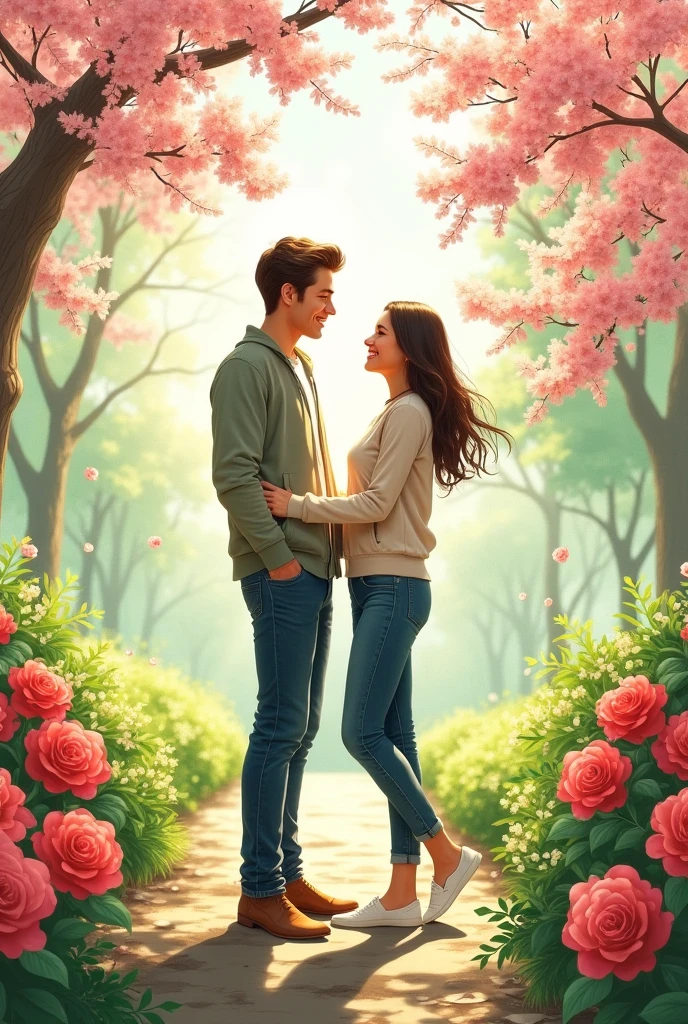 The couple is walking side by side, laughing and talking animatedly. The background shows lush greenery, flowers, and perhaps a few birds. Their faces are filled with happiness as they enjoy the beauty of nature together.