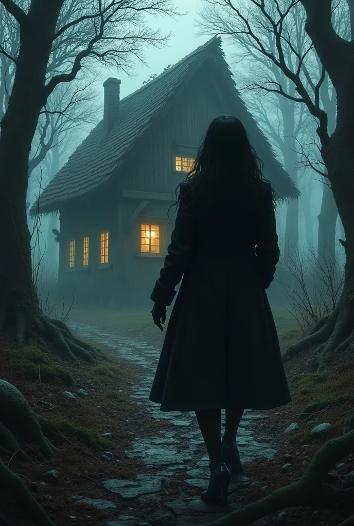 Female investigator with long black hair and black coat with gloves finding witch's cottage in haunted forest