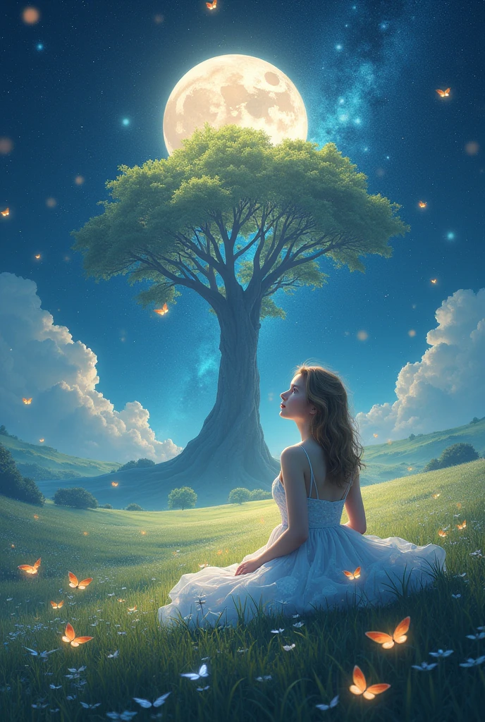 dreaming girl , großer brighter Baum, big moon with cosmos, butterflies on green meadow, bright, long dress made of stars, at night and galaxy, 