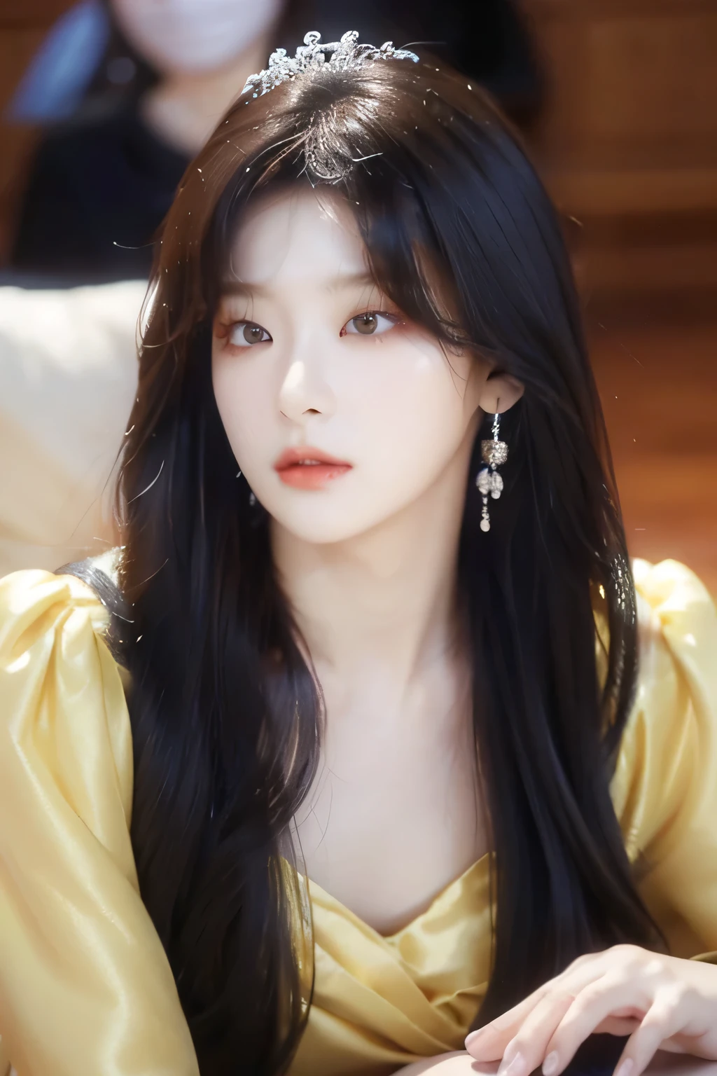 Seulgi rv, yellow satin gown, long hair, beautiful detailed eyes, beautiful detailed lips, extremely detailed face, longeyelashes, elegant pose, dramatic lighting, cinematic, chiaroscuro, dramatic shadows, moody, atmospheric, photorealistic, 8k, best quality, masterpiece