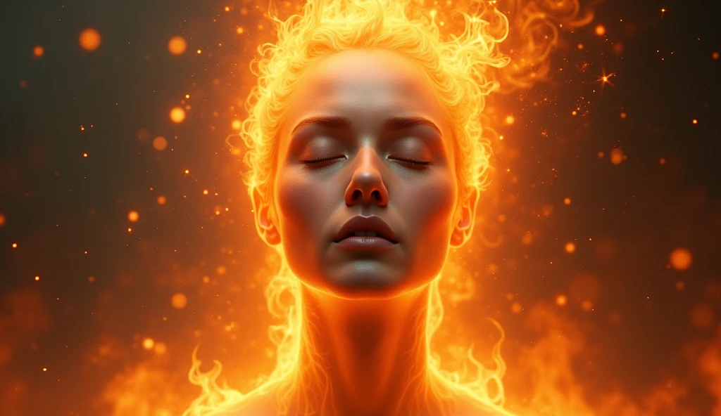 MAKE A FACE ON FIRE, SERENE AND CALM FACE, WITH PARTICLES IN ARTIMOSPHERES, REALISTIC IMAGE, HIGH QUALITY