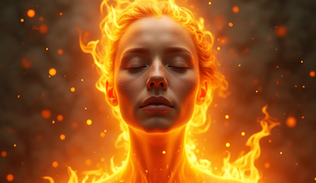 MAKE A FACE ON FIRE, SERENE AND CALM FACE, WITH PARTICLES IN ARTIMOSPHERES, REALISTIC IMAGE, HIGH QUALITY