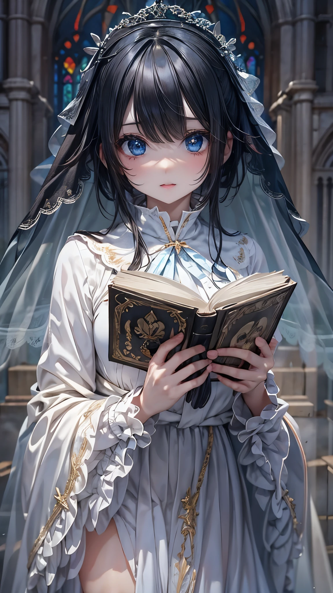 Very detailed、Many details、Accurate Fingers、Exact number of arms、high resolution、Ghost Girl、Standing with a thick book、White embroidered veil、White long sleeve frilly dress、There is a slit on the thigh、Large Breasts、Blue dark eyes、Big eyes、barefoot、cute、Black Hair、A fragile face peering at me、beautiful、Abandoned Church、Western cemeteries