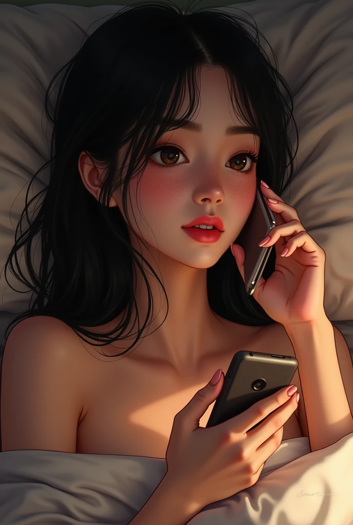 (8K, RAW Photos, Highest quality, High resolution: 1.1), (ultra Realistic: 1.4), (Realistic, Realistic: 1.3), The Beauty of Japan, pajamas, ((Upper Body: 1.3)) High resolution, Realistic image of a Japanese woman with short hair, She has big breasts and red cheeks, Look at that, Embarrassed look, While taking a selfie. Her smartphone is close to her face. She appears to be live streaming from her home., Spread on the bed, With a blanket over my chest.、深night、night、Upper Bodyは、Nipples sticking out、Erect nipples、Embarrassing、Bathroom