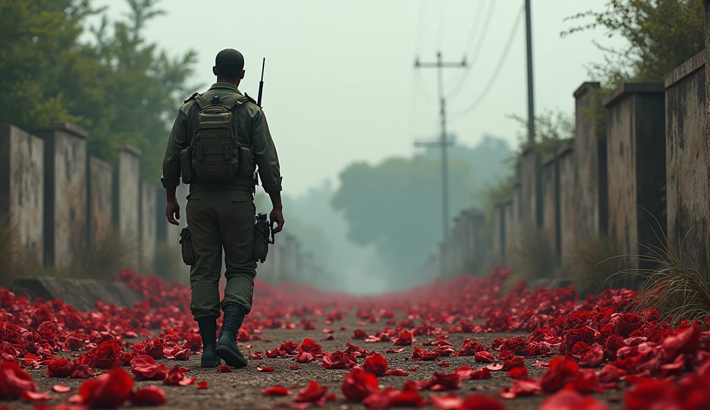2024; (masterpiece, best quality) destroyed roses on the floor(Abuja); soldier walking in a cemetery with millions of roses on the ground.