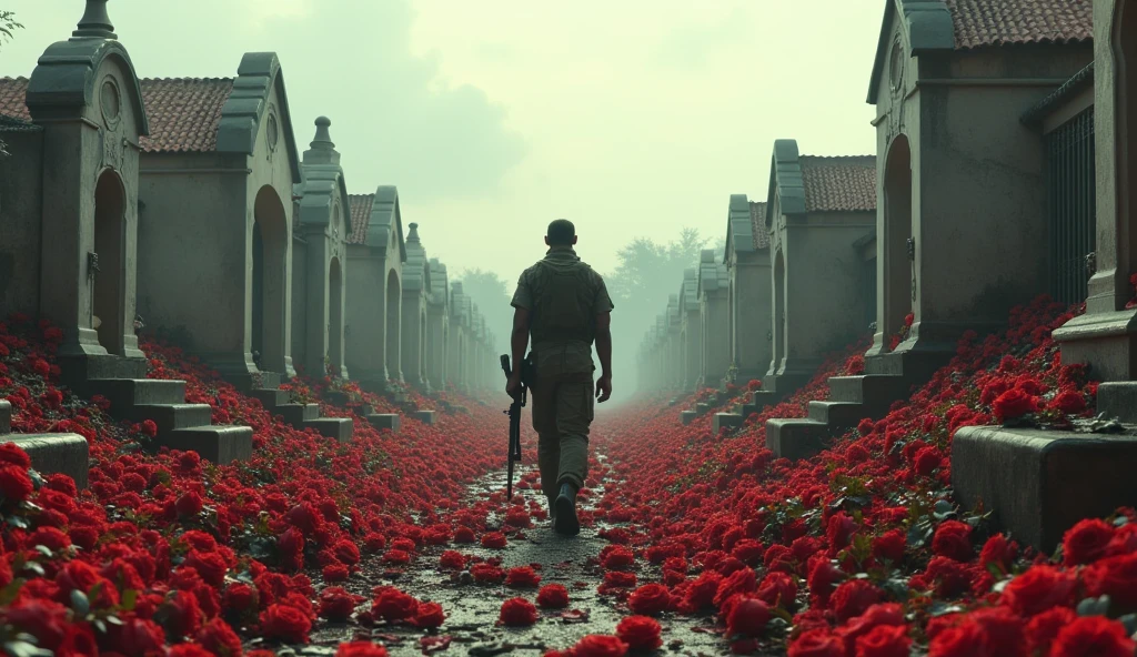 2024; (masterpiece, best quality) destroyed roses on the floor(Abuja); soldier  walking in a cemetery with millions of roses on the ground.