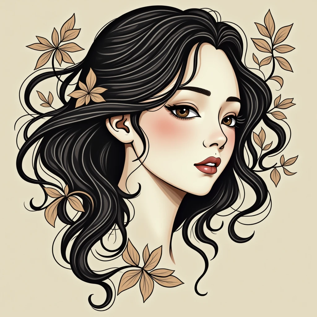 Central Focus on the Face: The main element would be a woman's face, drawn with soft, flowing lines inspired by Art Nouveau. The facial expression would be calm, with defined yet elegant features typical of the neo traditional style, ensuring the focus remains on the beauty of the figure.
Flowing Hair as a Main Element: The hair would be the most prominent part of the design, flowing outward from the head in gentle, curved strands, typical of Art Nouveau. It would spread to frame the face in an organic, decorative manner without being overly complex. The hair would have depth and some shading but would avoid excessive detail to keep the design focused.
Ornamental Detail in the Hair: Subtle floral or vine-like details could be integrated into the hair, staying true to Art Nouveau's decorative style, but without overwhelming the design. These elements would enhance the overall look, adding just enough flair to keep the tattoo interesting without being cluttered.
Neo Traditional Bold Lines: The outline of the face and hair would use bold lines, keeping the neo traditional clarity while allowing the elegance of Art Nouveau’s curves to shine through.