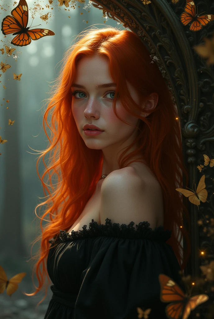 (solo, full body photo:1.3), (action packed:1.3), (haze, fog, mist:1.3), chiaroscuro, best quality, photorealistic, 1woman, (cute), (24yo:1.2), redhead, long ginger hair highly detailed, 1700'S, digital photography, art by artgerm and ruan jia and greg rutkowski surreal painting gold butterfly filigree, broken glass, (masterpiece, sidelighting, finely detailed Fashionable eyes: 1.2) (perfect oval large eyes that gazes at the viewer), beautiful detailed face, blue gorgeous perfect eyes, (blonde hair ponytail), (attractive young woman:1.3), (thick amazing hair), (seductive:1.1), (blushing:1.1)