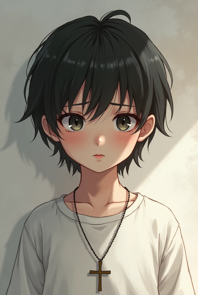 1 boy with medium black hair and dark eyes, white shirt and crucifix 