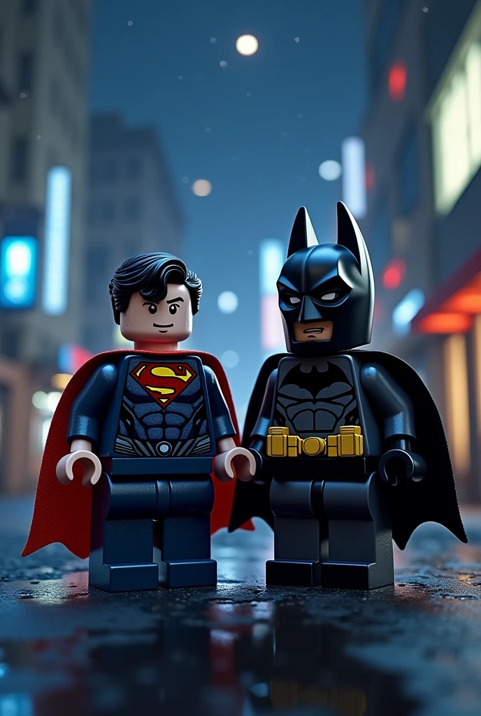 Superman and Batman in Lego art, at night.