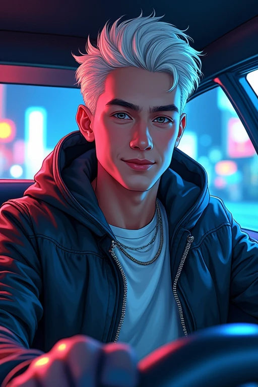 ((masterpiece)), (((best quality))), chromatic lighting,
colorized, white + blue limited color palette, 
detailed concept drawing,
driving a car, nighttime, street fashion, no weird object on his face,
portrait, 25yo 1guy, slender, short white hair, black eyes, smiling