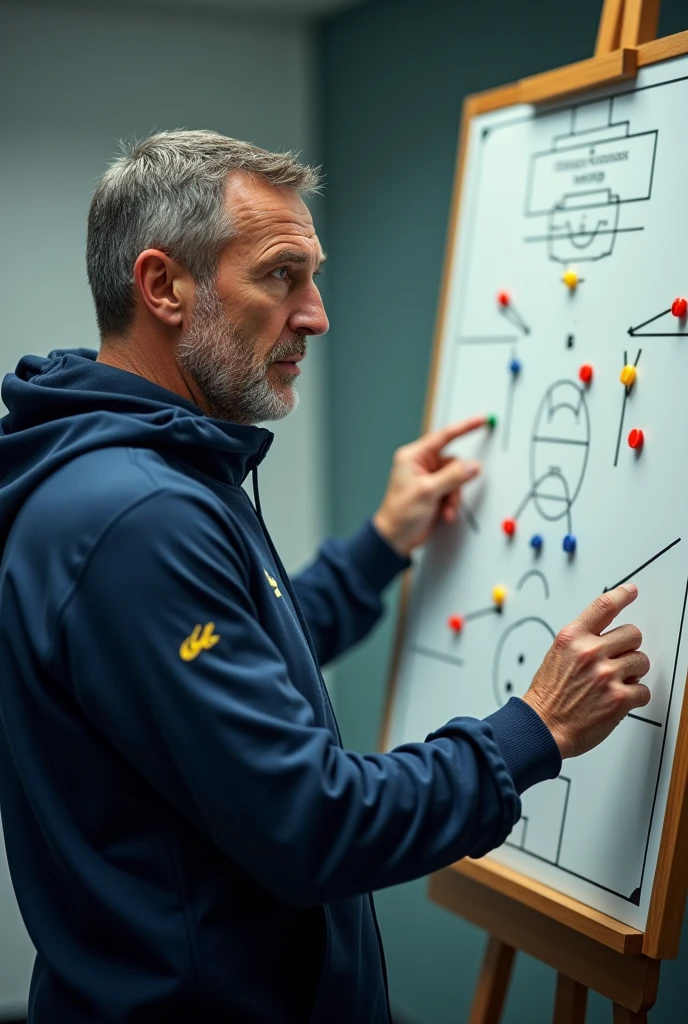 A Man explaining scoccer tatics with soccer tatics pad in his hand and finger in the board