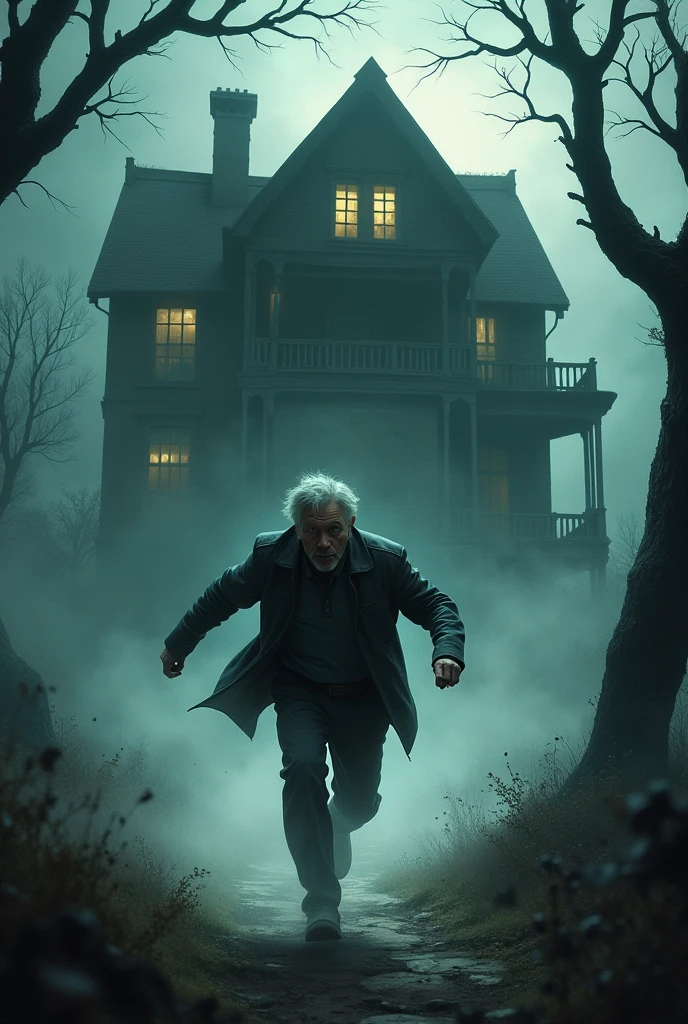 A man running away from a house scared, with a dark and somewhat lively atmosphere