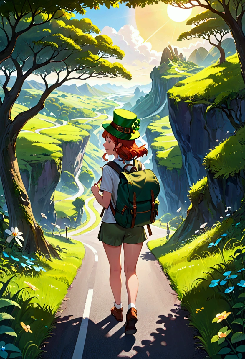 A road with lots of vegetation, a female traveler with a backpack on her back and a leprechaun hat, levantando el dedo 👍🏼 pidiendo un aventon a un ovni en el anochecer con luciérnagas en el aire y hongos en el piso
