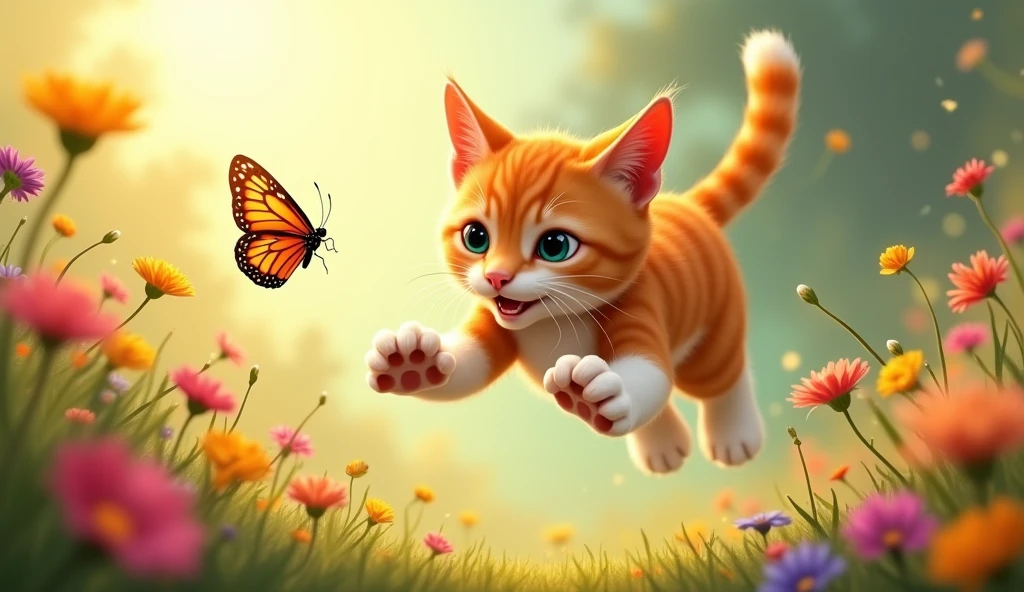 Create an image of Whiskers, a determined orange and white cat, leaping or stretching towards a colorful butterfly that is fluttering just out of reach. Whiskers should have an intense, focused expression, with his front paws extended and his tail swishing in mid-air. The butterfly should be vibrant, with delicate wings, hovering just beyond Whiskers' grasp. The background could be a sunlit garden or a meadow filled with flowers, with soft, warm colors that highlight the playful and lively atmosphere. The overall mood should capture the excitement and determination of Whiskers as he chases the elusive butterfly.