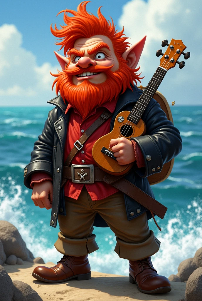 Red-haired spiky-haired pirate bard gnome, with red shirt, black leather jacket, Brown pants, with a ukulele on his back